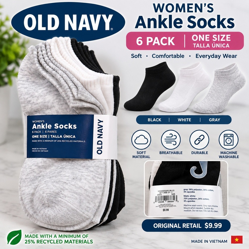Old Navy Women Ankle Socks 6 Pack Black White Gray One Size 571368-01-1